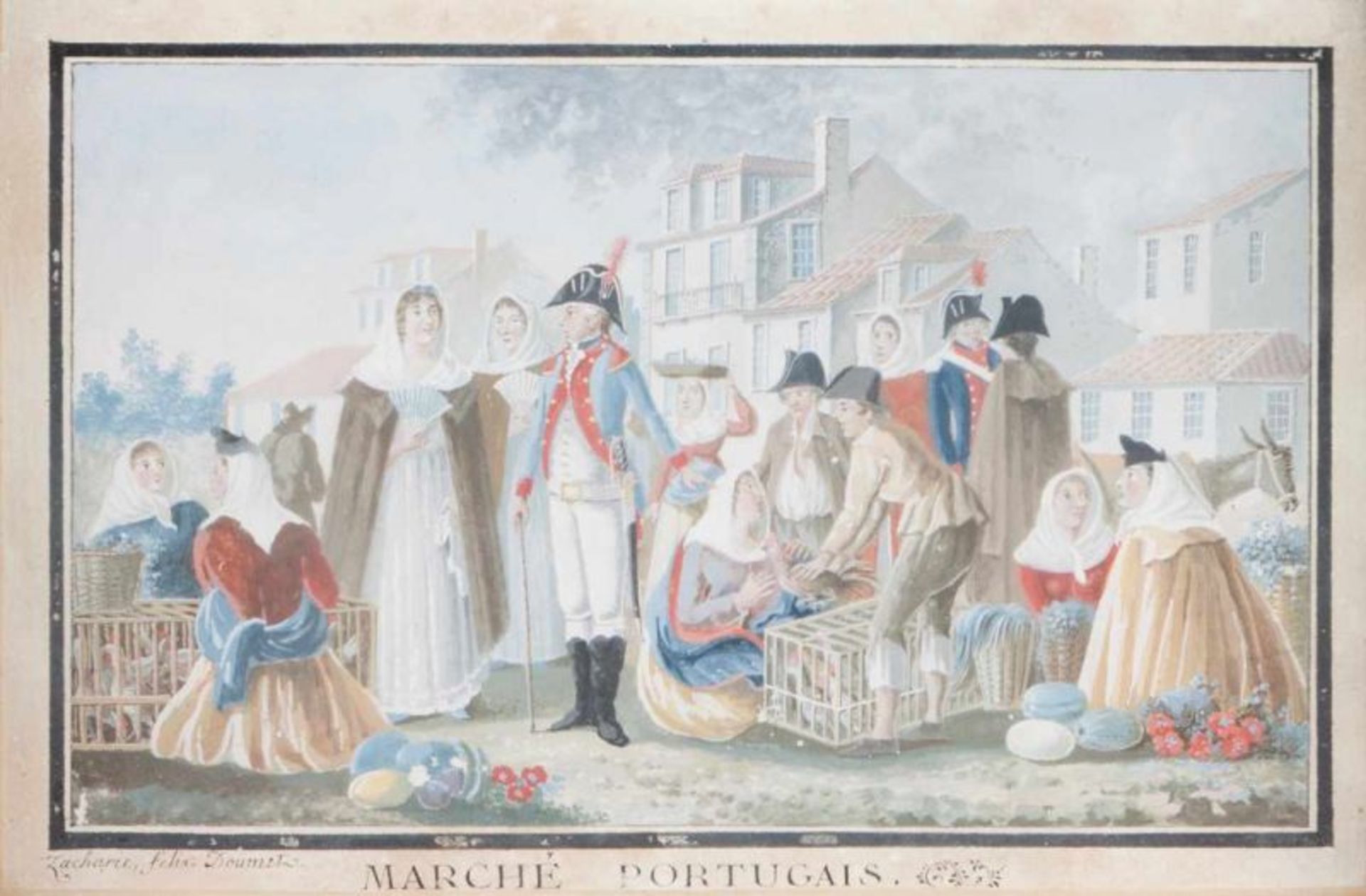 Zacharie Félix Doumet (França, 1761-1816) "Marché Portugais" Watercolour on paper Signed 14x21 cm