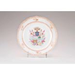 A plate Chinese export porcelain Polychrome Famille Rose decoration with flowers and coat-of-arms
