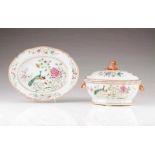 A tureen with cover and dish Chinese export porcelain Polychrome Famille Rose decoration depicting