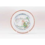 A plate Chinese export porcelain Polychrome Famille Rose decoration depicting riverscape at the