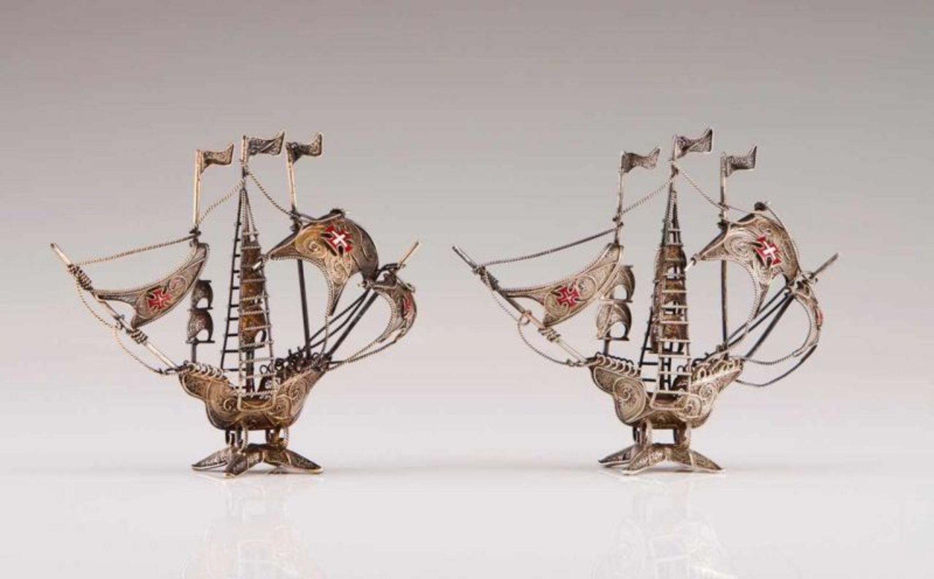 A pair of caravels Portuguese silver filigree and enamels Portuguese assay mark (after 1985) and