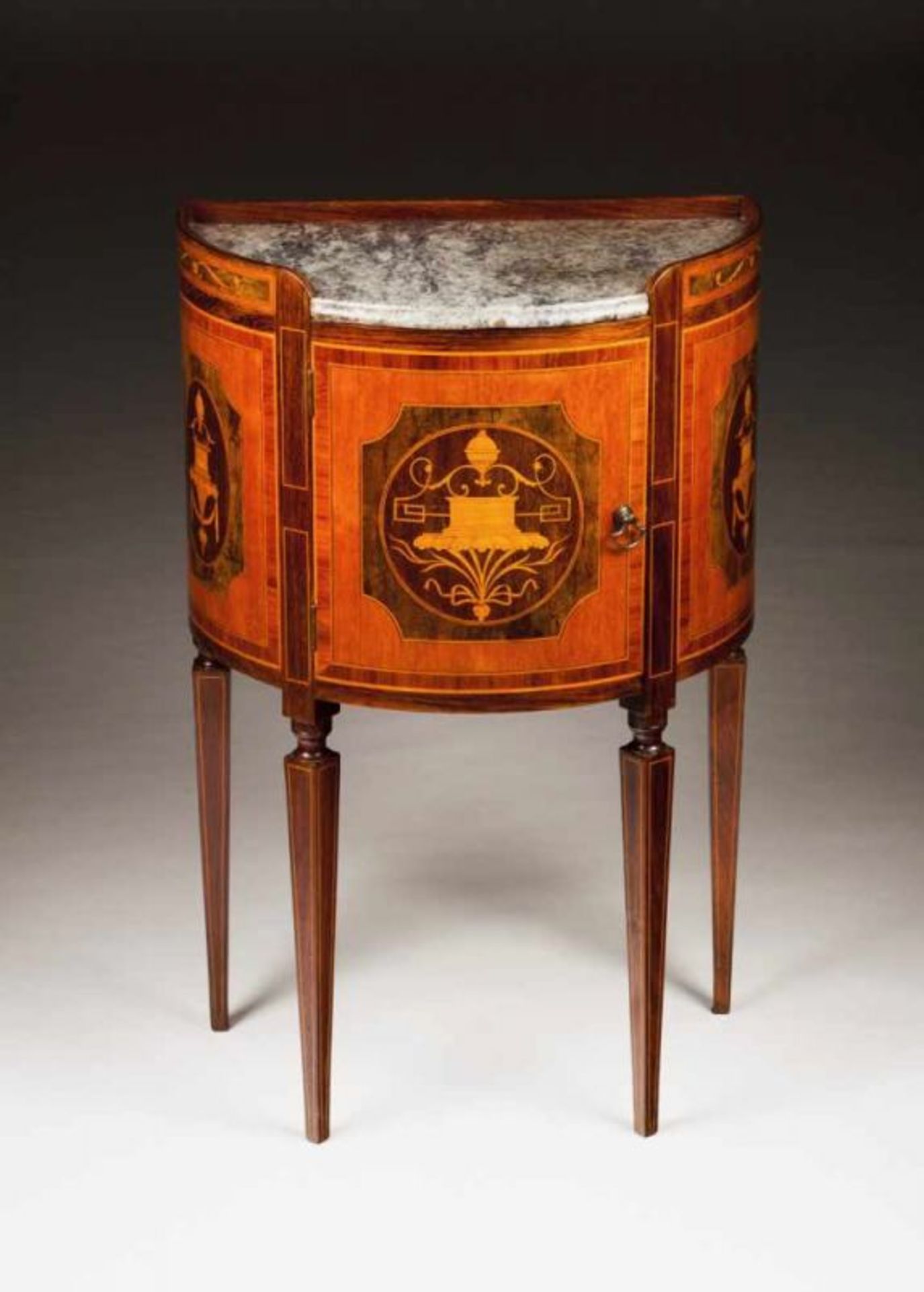 A D. Maria style side table Mahogany and other wood marquetry decoration With door and interior
