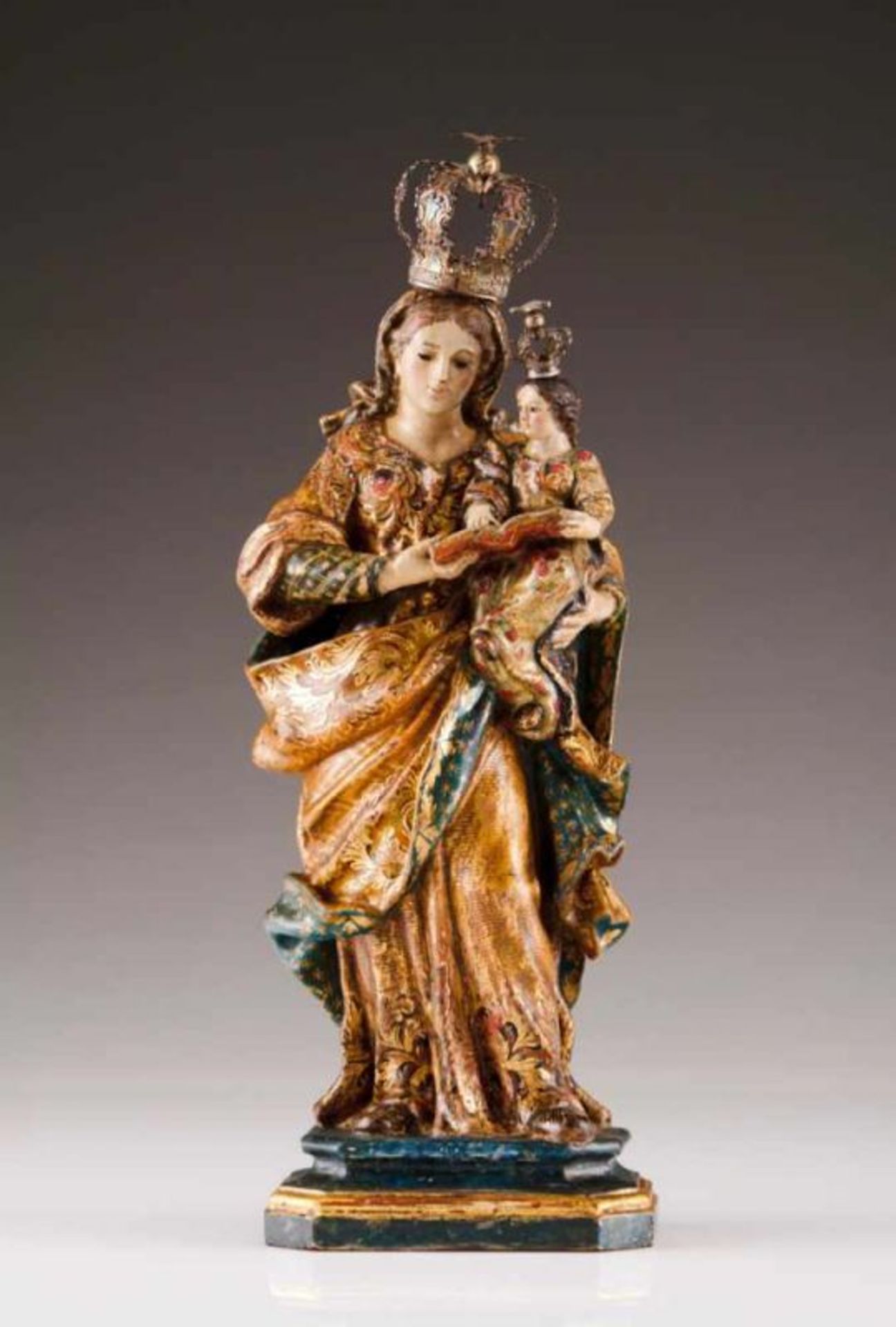 Saint Anne teaching Our Lady how to read Polychrome and gilt wood sculpture Silver crowns Portugal,