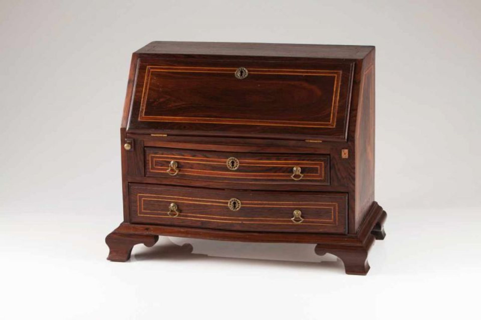 A 19th century D. Maria style miniature bureau Rosewood with thornbush inlaid decoration Brass