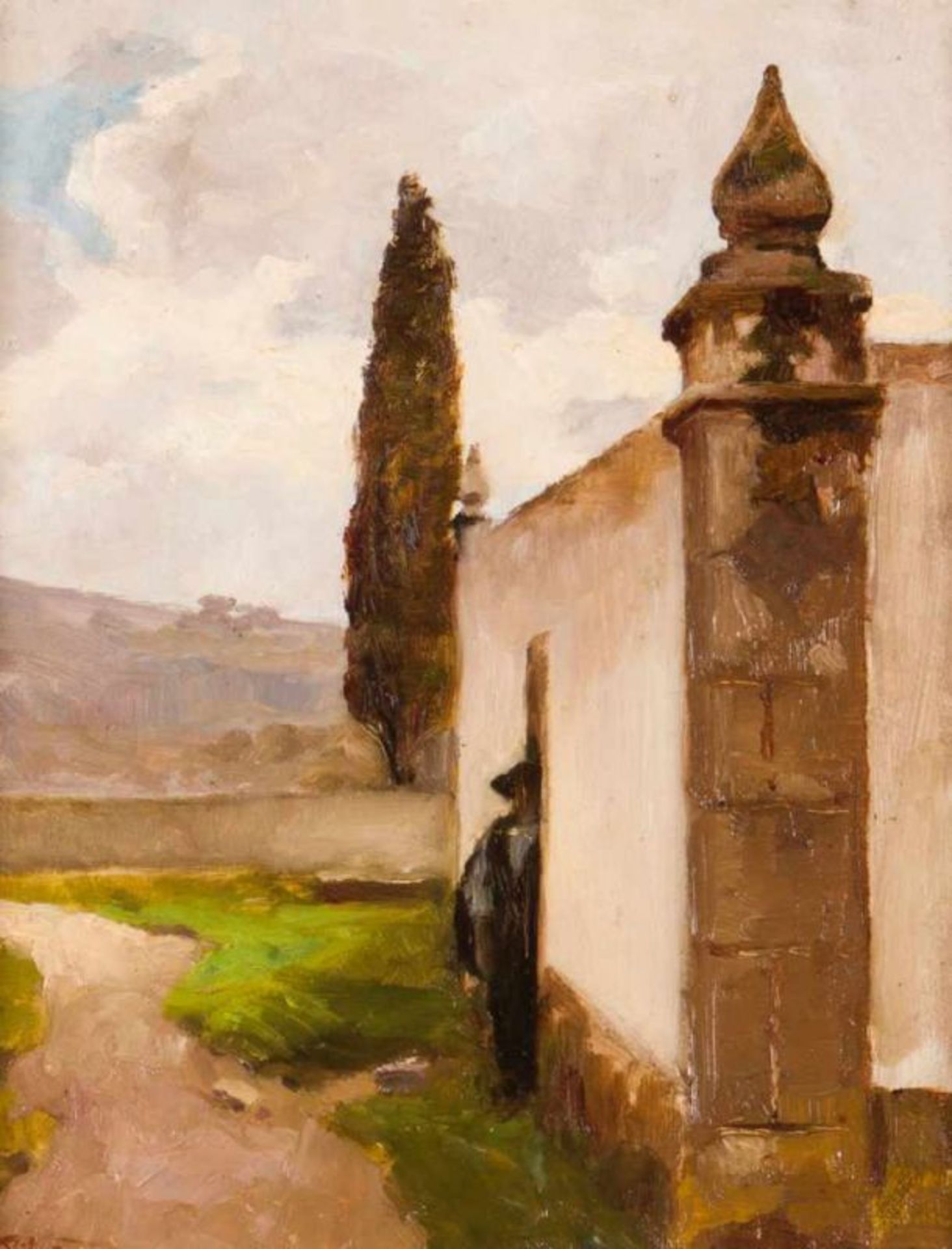 João Augusto Ribeiro (1860-1923) Landscape with houses and figure Oil on panel Signed 27x21 cm