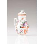 A milkjug with cover Chinese export porcelain Polychrome and gilt Famille Rose decoration depicting