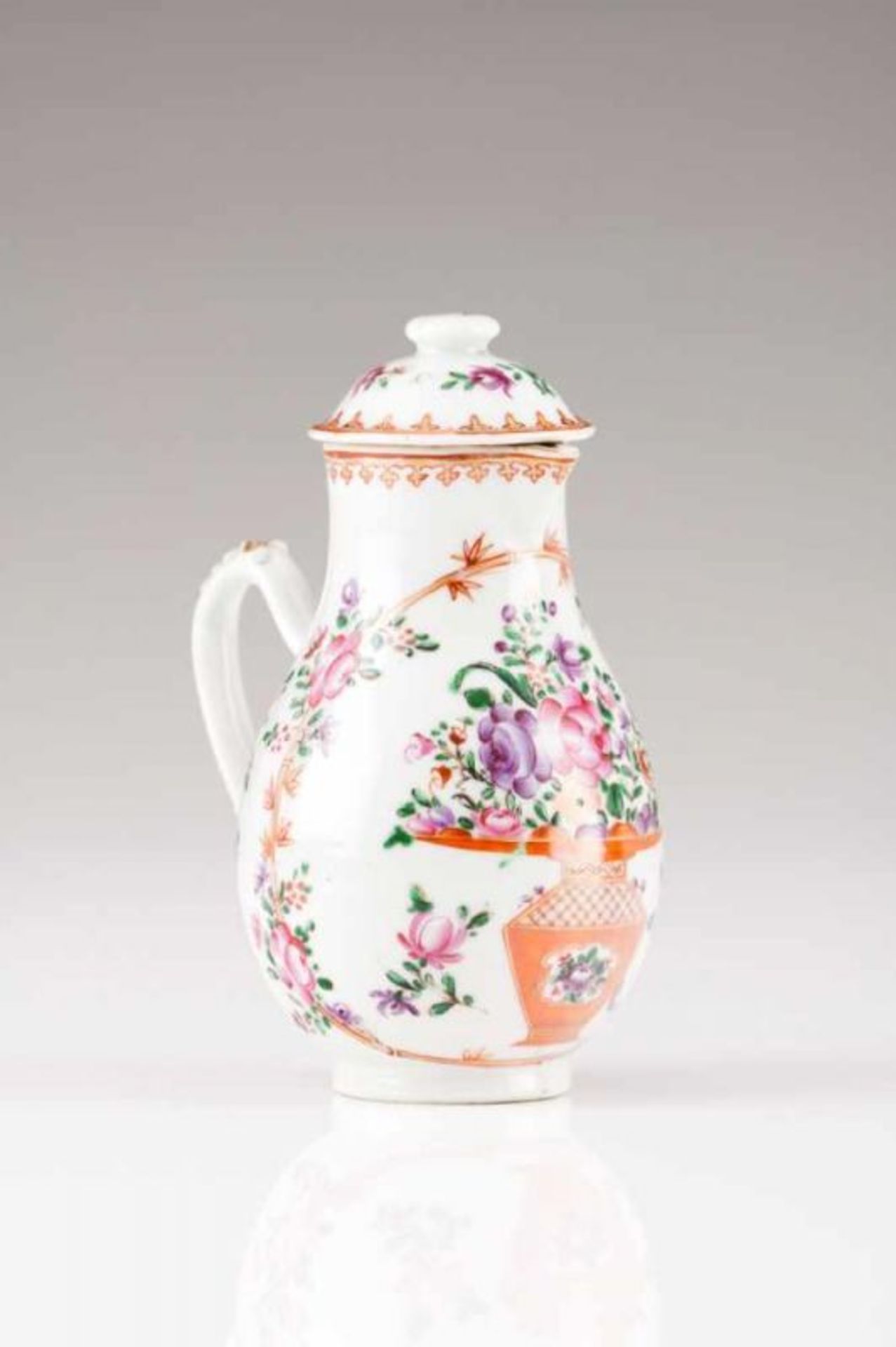 A milkjug with cover Chinese export porcelain Polychrome and gilt Famille Rose decoration depicting