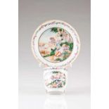 A rare cup and saucer Chinese export porcelain Polychrome decoration depicting gallant scene