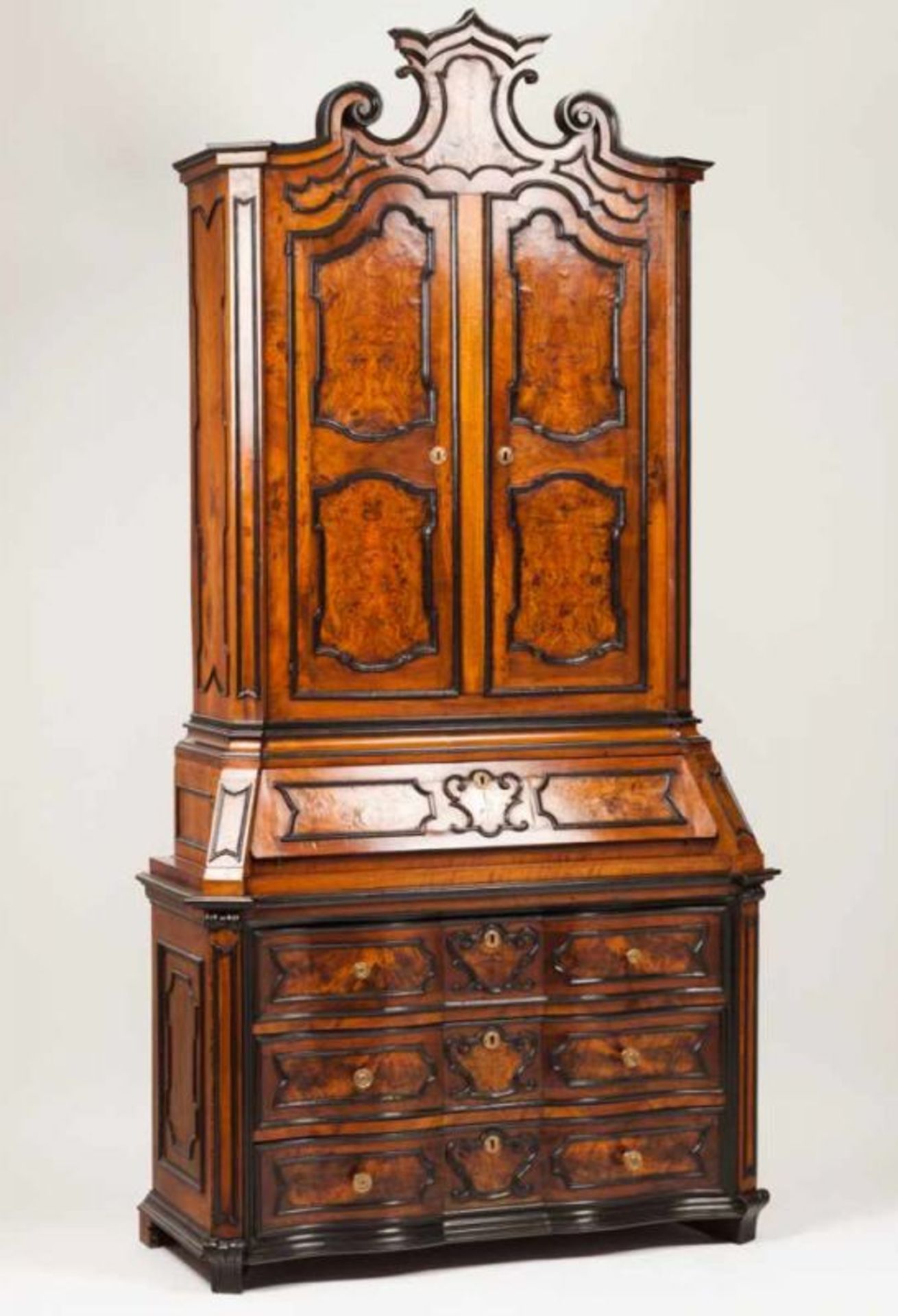 A bookcase-bureau Walnut and burr-walnut with ebonized wood friezes Interior with drawers and - Image 2 of 2