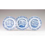 A set of three plates Chinese export porcelain Blue underglaze decoration depicting garden view