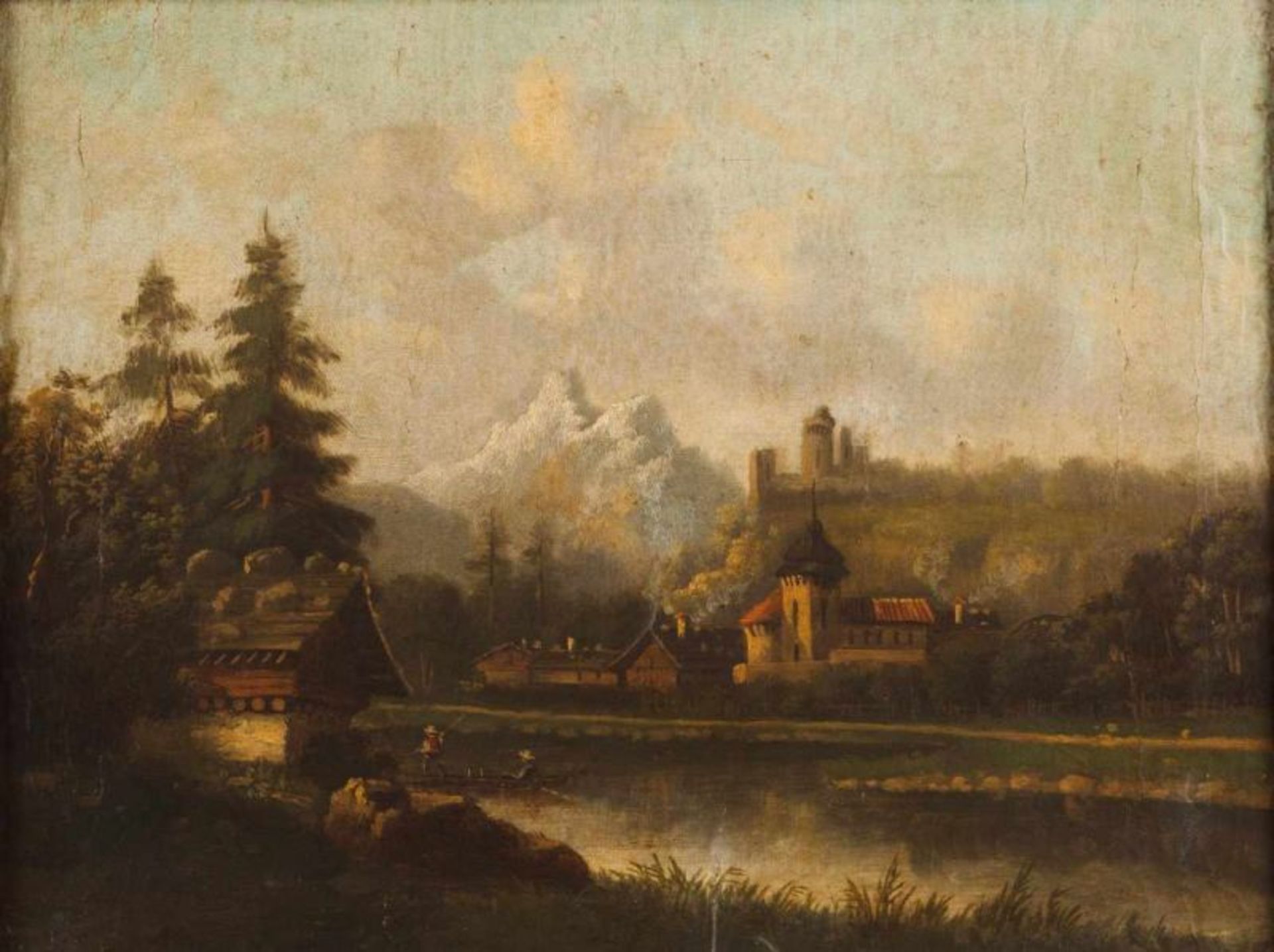 Dutch school of the 19th century Landscapes with houses, mountains and figure A pair of oils on