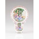 A rare cup and saucer Chinese export porcelain Polychrome Famille Rose decoration depicting "