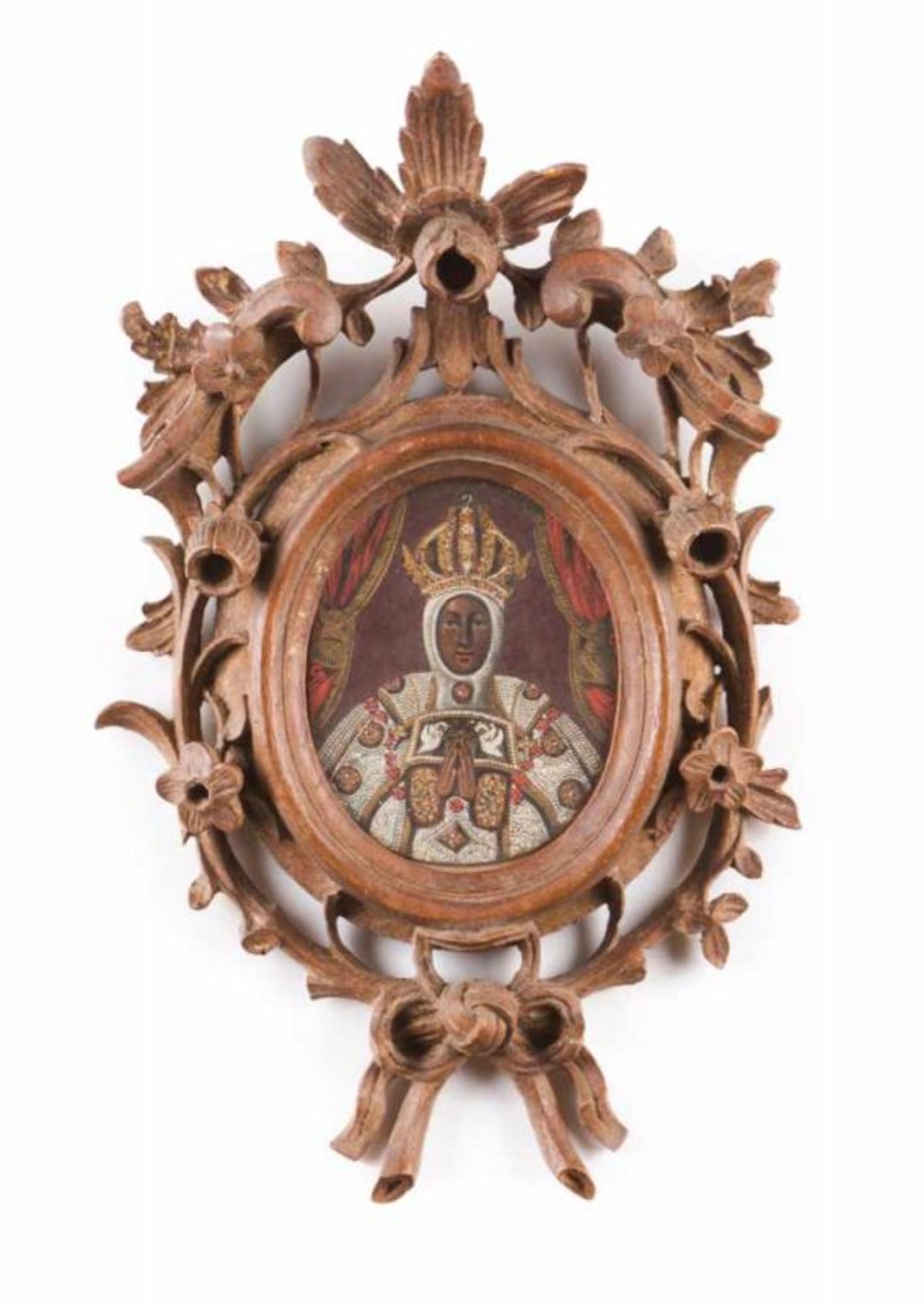 Spanish school of the 19th century Our Lady of Montserrat Miniature on copper Richly carved frame
