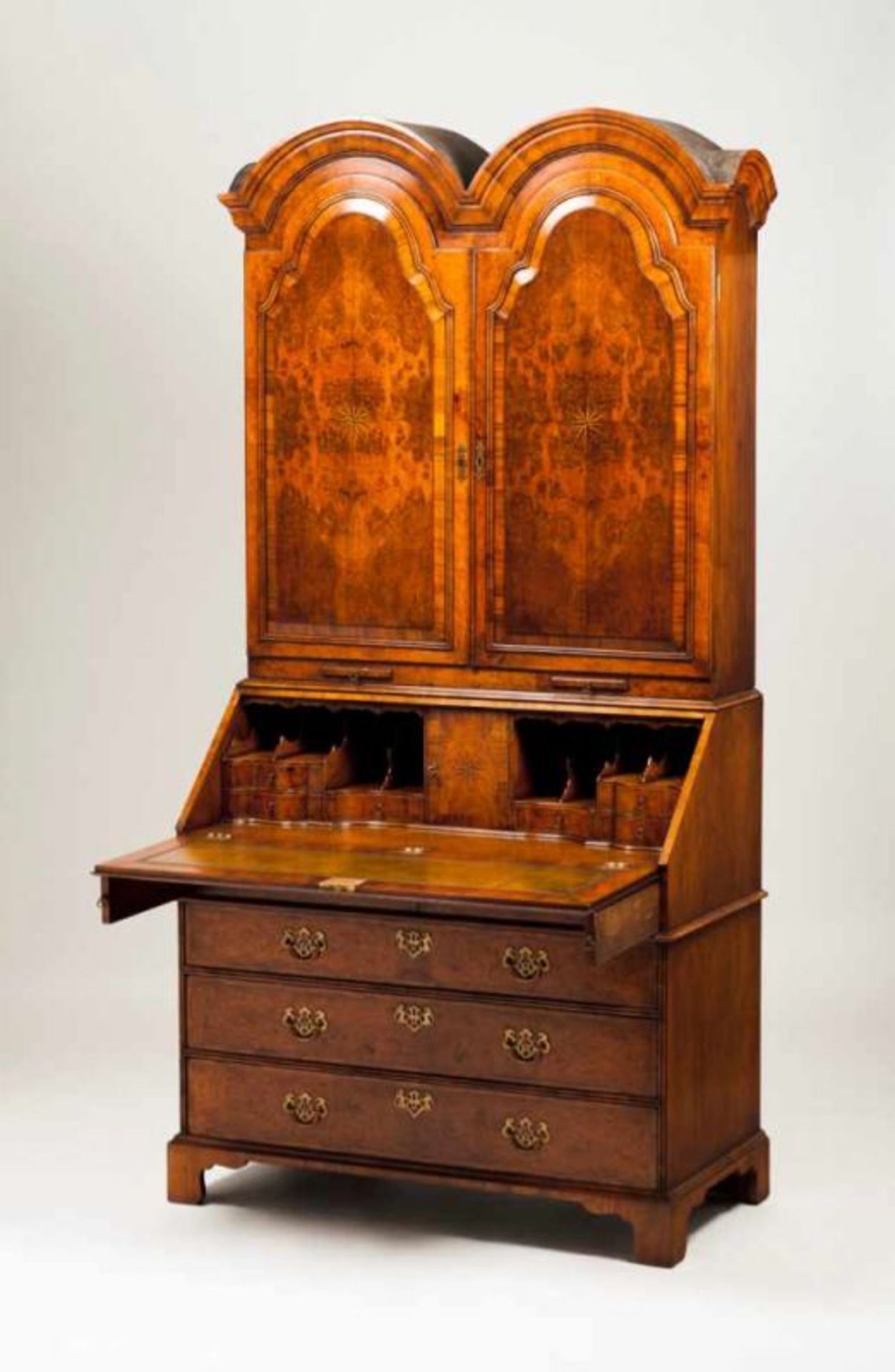 A pair of George III cabinet-bureaus Walnut and burr-walnut with rosewood and thornbush marquetry