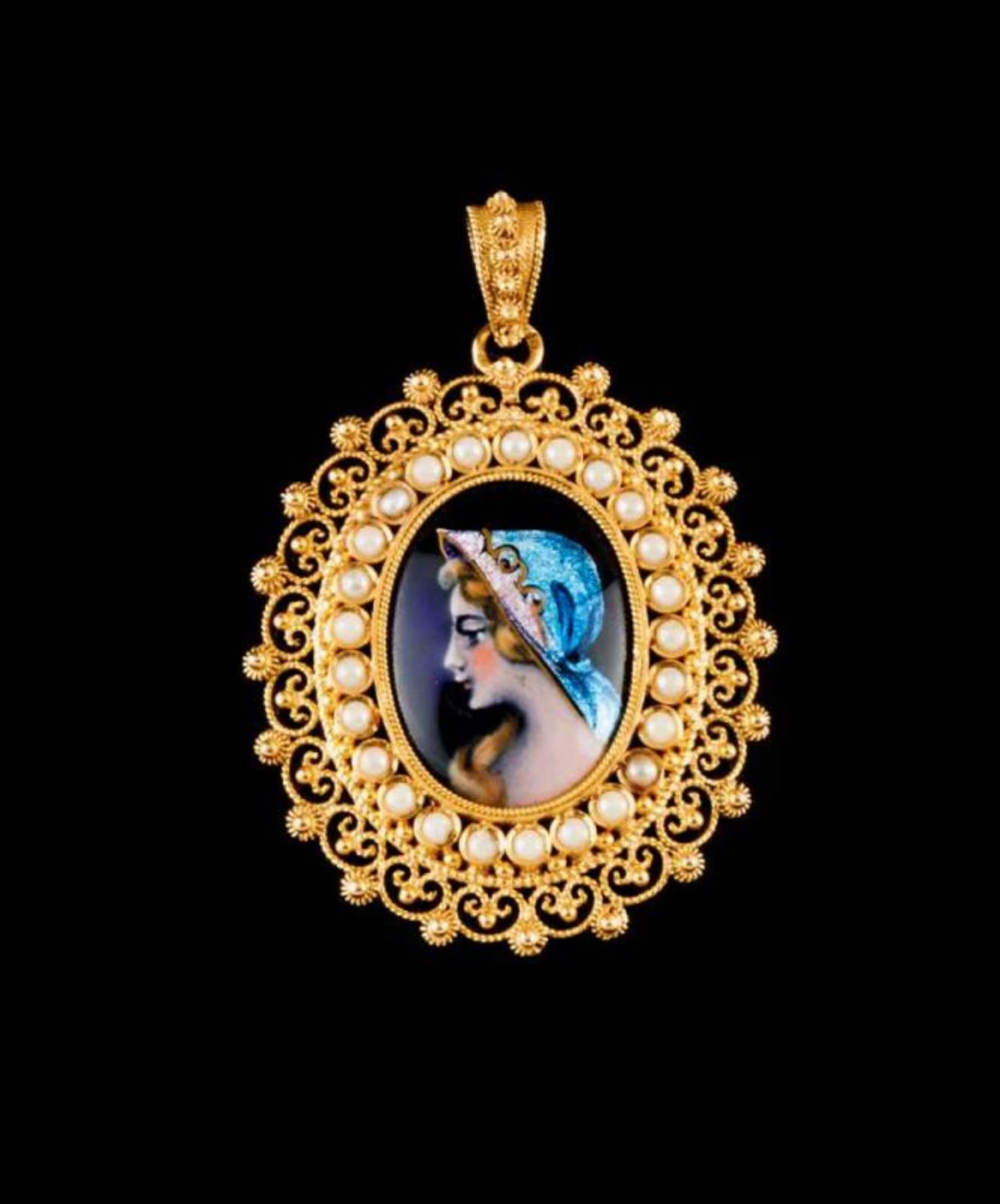 A pendant Gold filigree Centre set with enamelled plaque depicting feminine figure Portuguese assay
