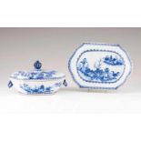 A tureen with cover and dish Chinese export porcelain Blue decoration depicting riverscape with