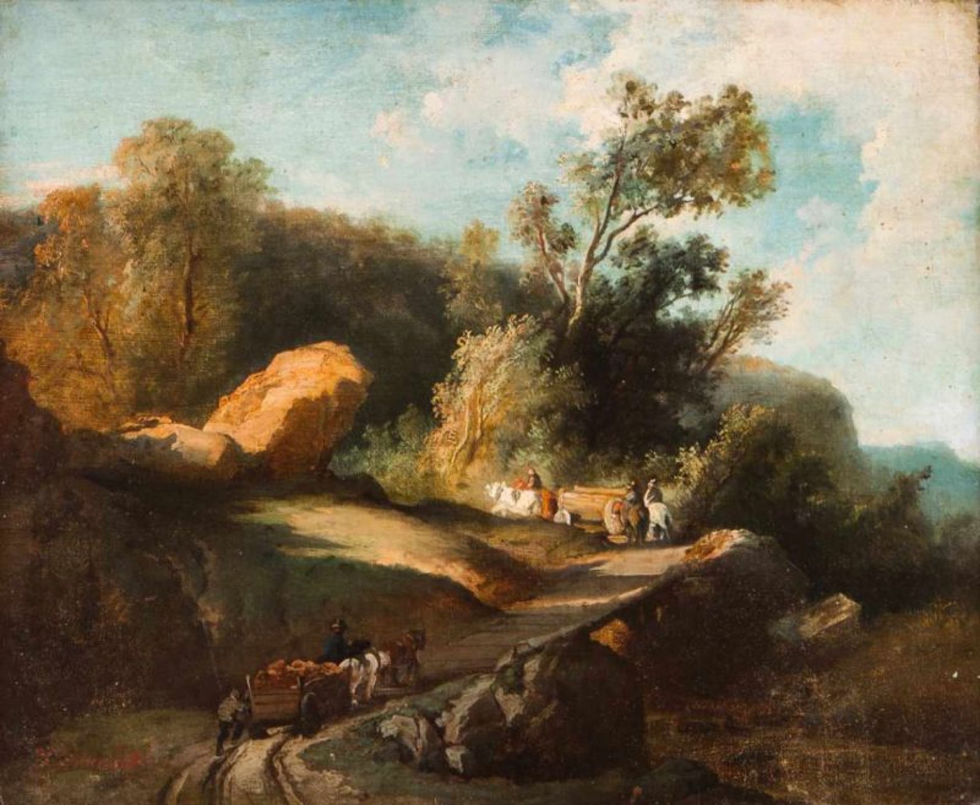 Jean Pillement (1728-1808) Landscape with mountains, figures and animals Oil on canvas Signed