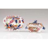 A small tureen with cover and dish Chinese export porcelain Polychrome "Pseudo-Tobacco Leaf"