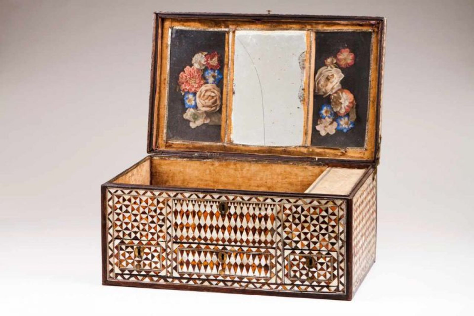 A marriage chest Wood with mother-of-pearl and tortoiseshell marquetry decoration forming geometric - Image 2 of 2