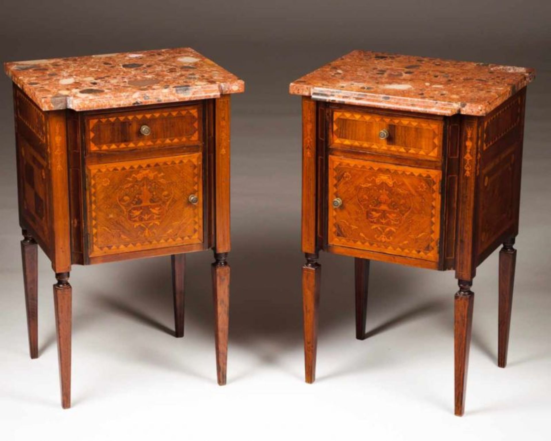 A pair of D. Maria (1777-1816) side tables Rosewood and satinwood marquetry Marble top Portugal,