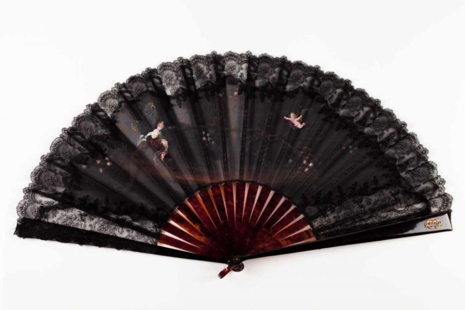 Fan Carved jet structure with gilt and patinated bronze mounts, painted lace with fairy and