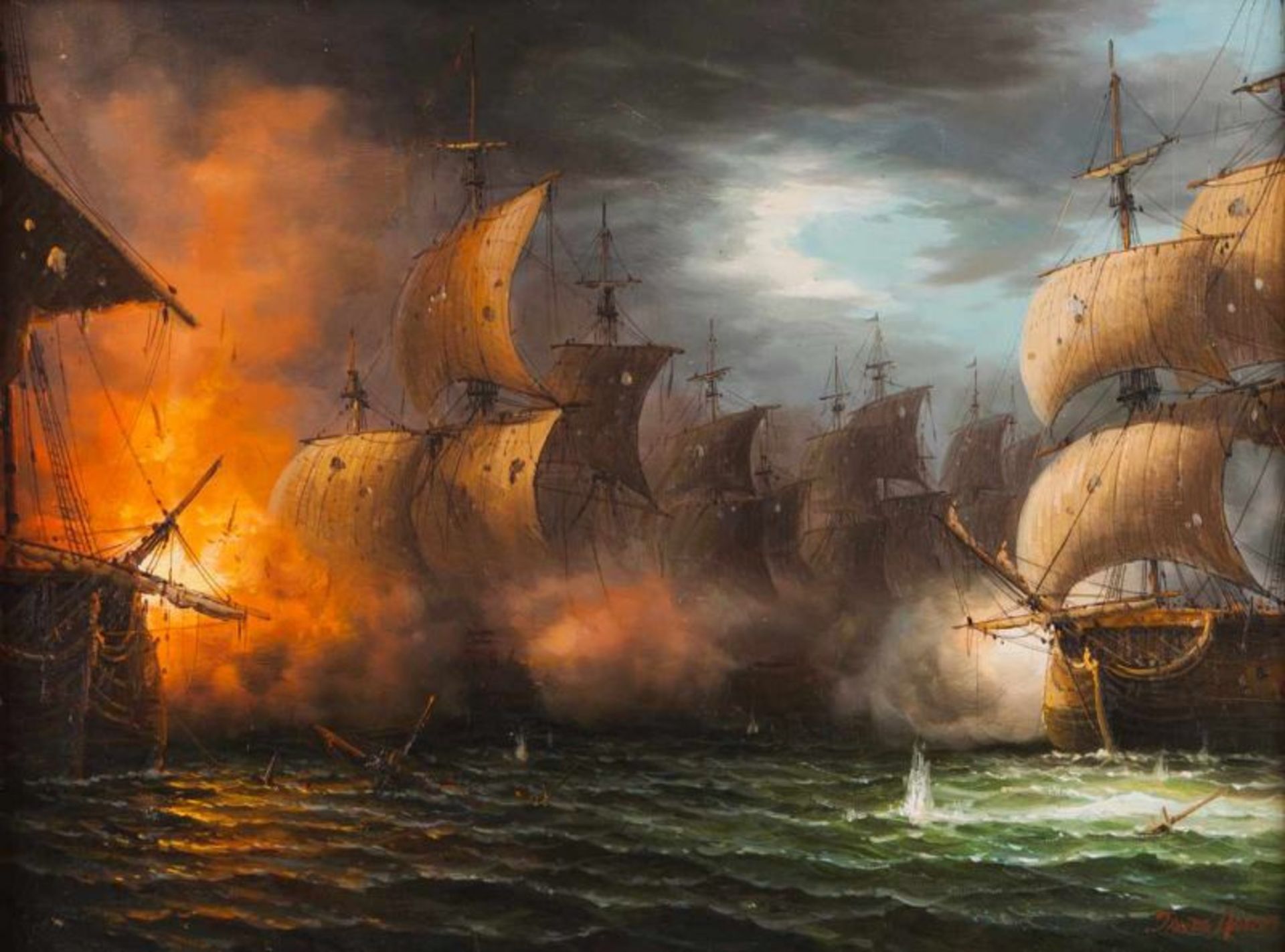 James Hardy (Inglaterra, séc. XX) Naval battle Oil on hardboard Signed 30x40,5 cm