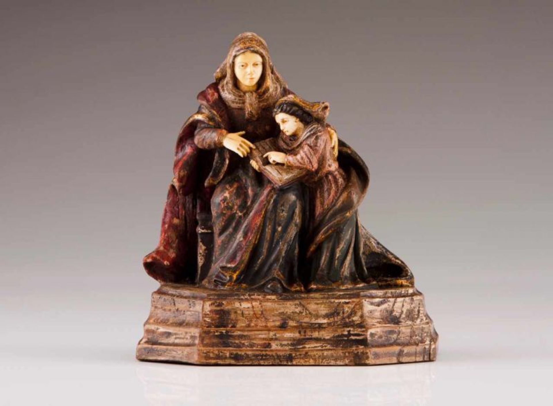 Saint Anne teaching Our Lady how to read Portuguese polychrome and gilt wood sculpture with ivory