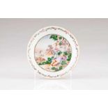 A rare small saucer Chinese export porcelain Polychrome decoration depicting gallant scene Qianlong