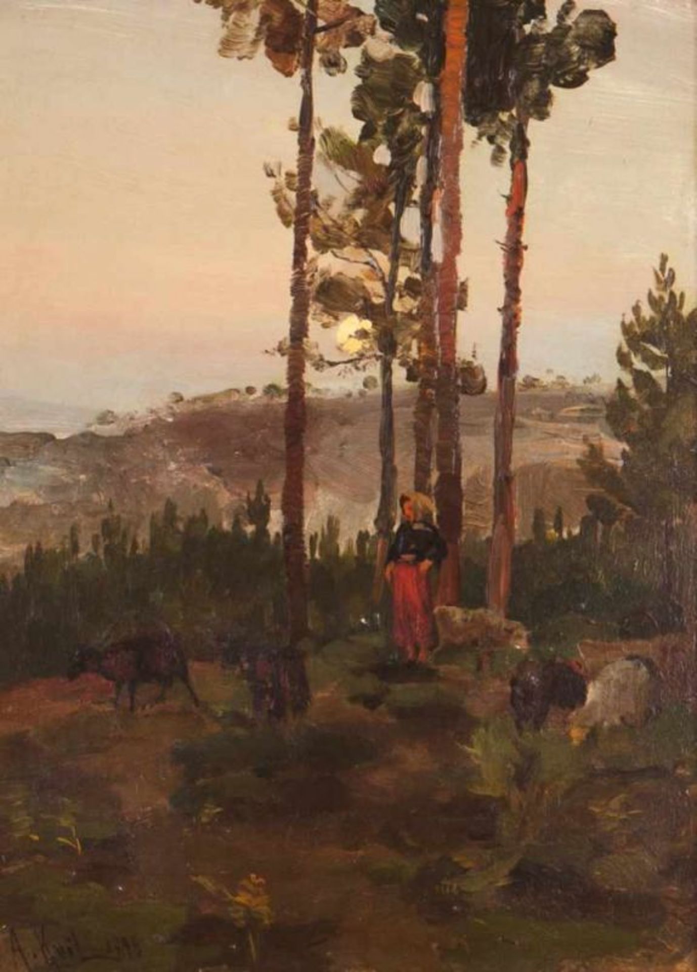 Alfredo Keil (1850-1907) Landscape with shepherd and sheep Oil on cardboard Signed and dated of 1898