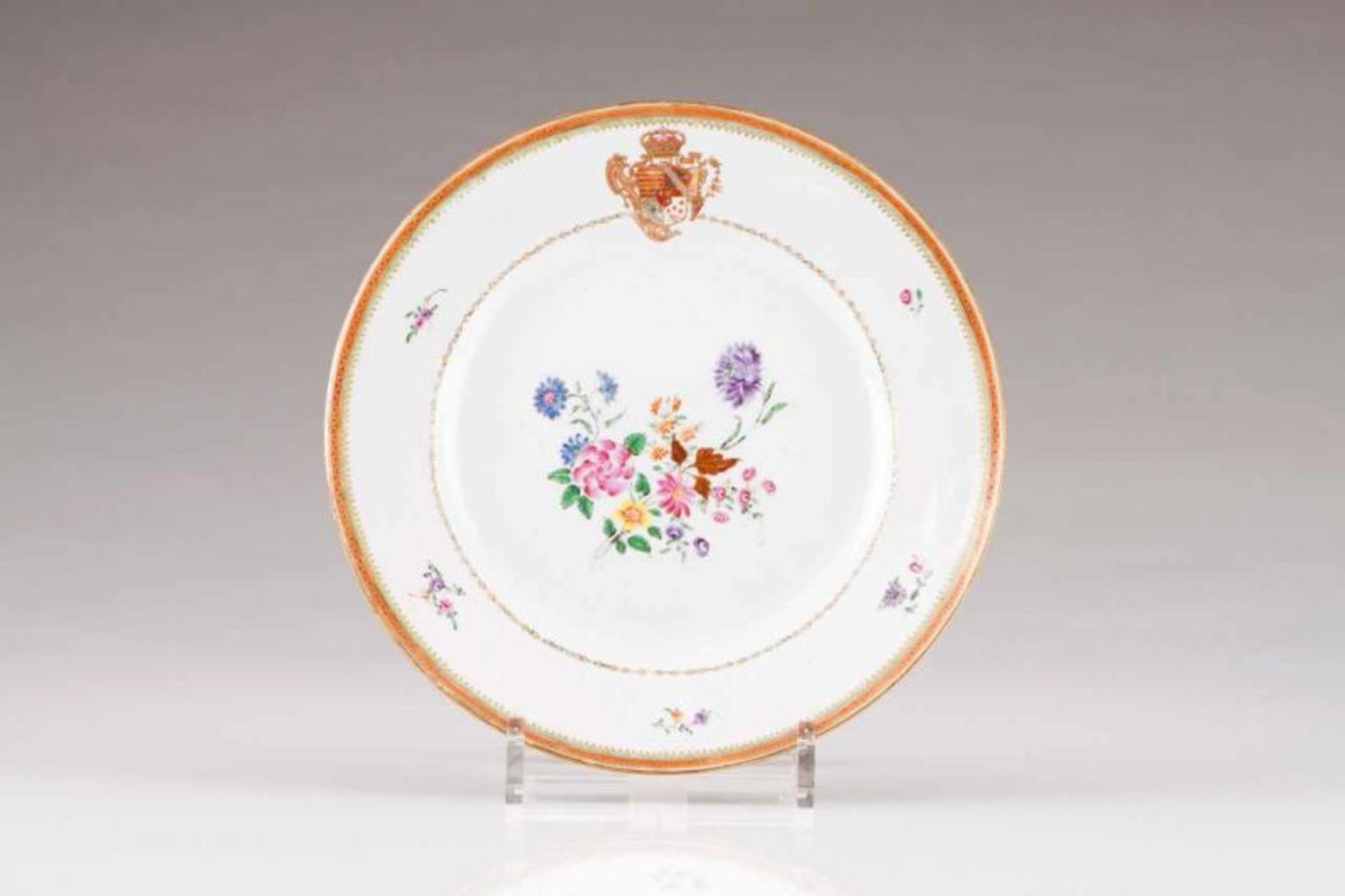 A plate Chinese export porcelain Polychrome and gilt Famille Rose decoration bearing coat-of-arms