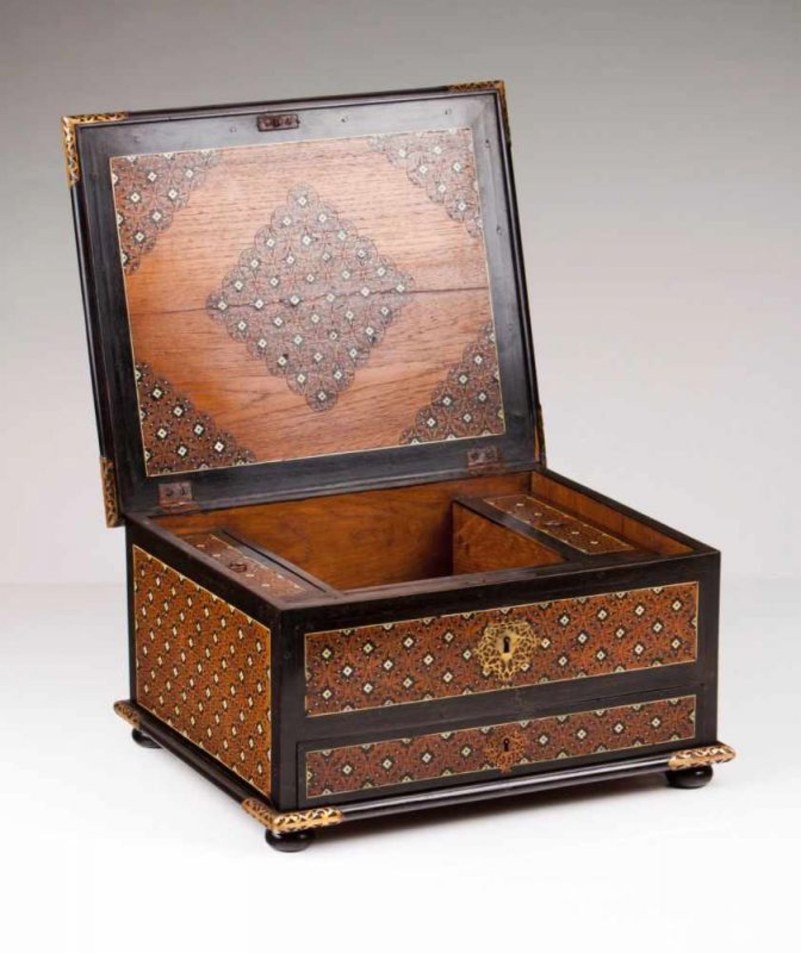 An Indo-Portuguese traveling cabinet Teak with Sissoo and ivory inlaid decoration Geometric pattern - Image 2 of 2