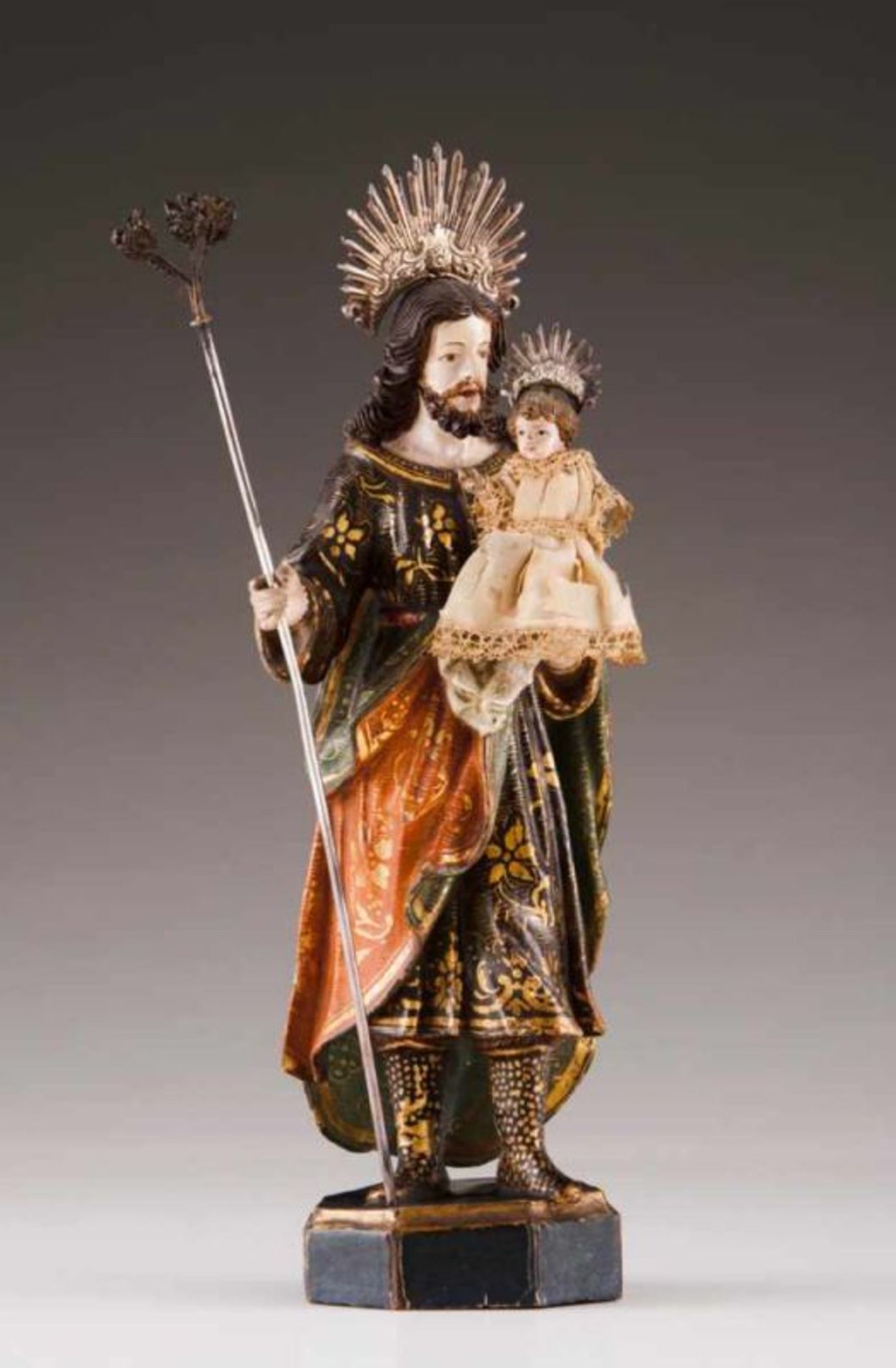 Saint Joseph with the Child Polychrome and gilt wood sculpture Silver attributes and Child with