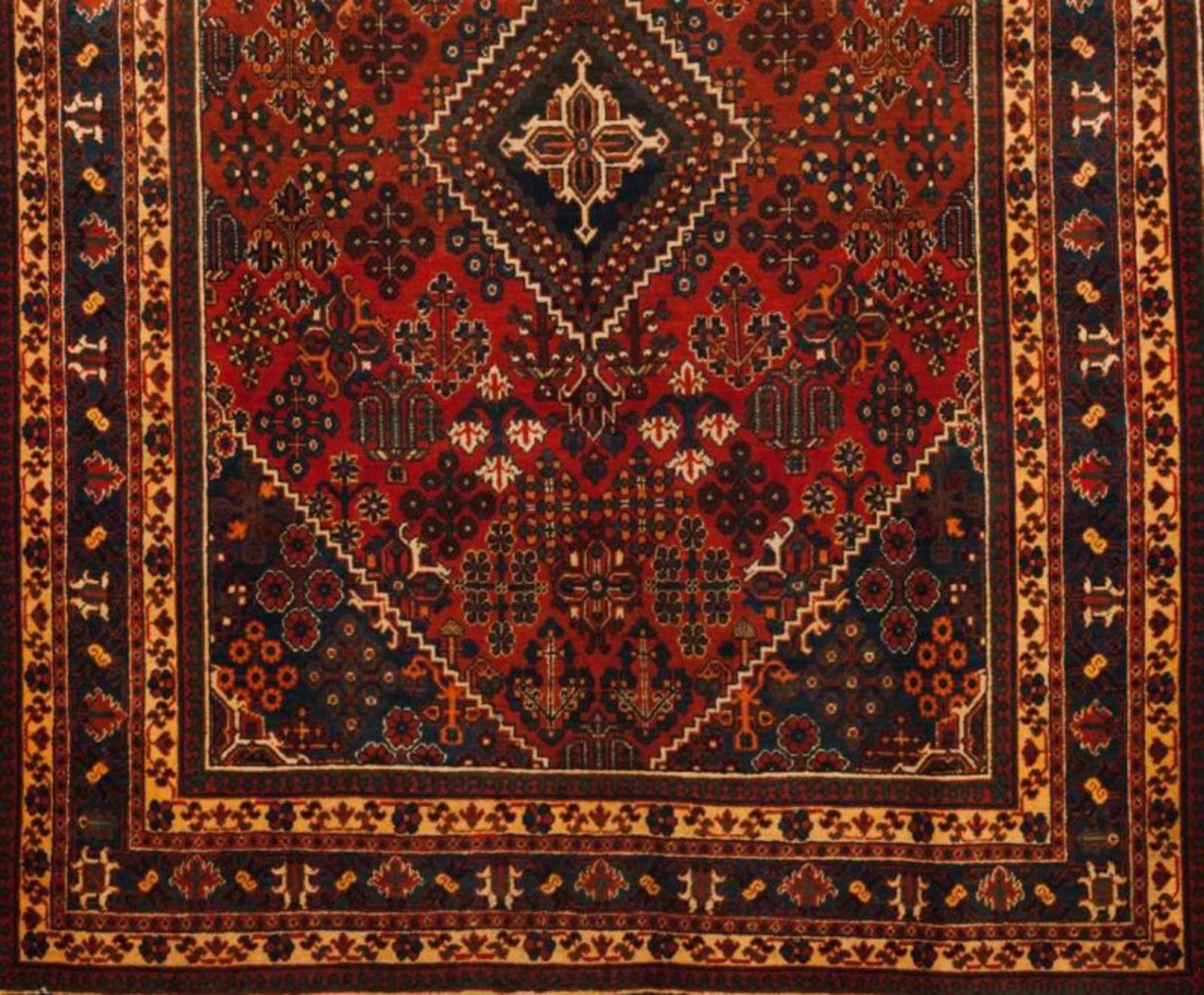 A Meymen carpet, Iran Cotton and wool Geometric and floral decoration in blue, red and beige