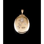 A diamond-set locket Gold Of oval shape with chiselled flower set with rose cut and two old mine cut