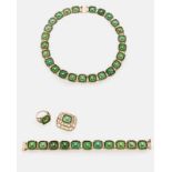 A parure 14kt gold set with chrysoprase plaques and cultured pearls Comprising: a necklace, a