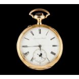 A pocket watch, INTERNATIONAL WATCH & Co. 18kt gold case White enamel dial with black roman