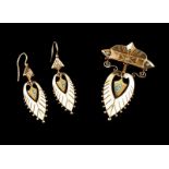 A Romantic brooch and pair of earrings Pierced and granulated gold set with turquoise beads Work