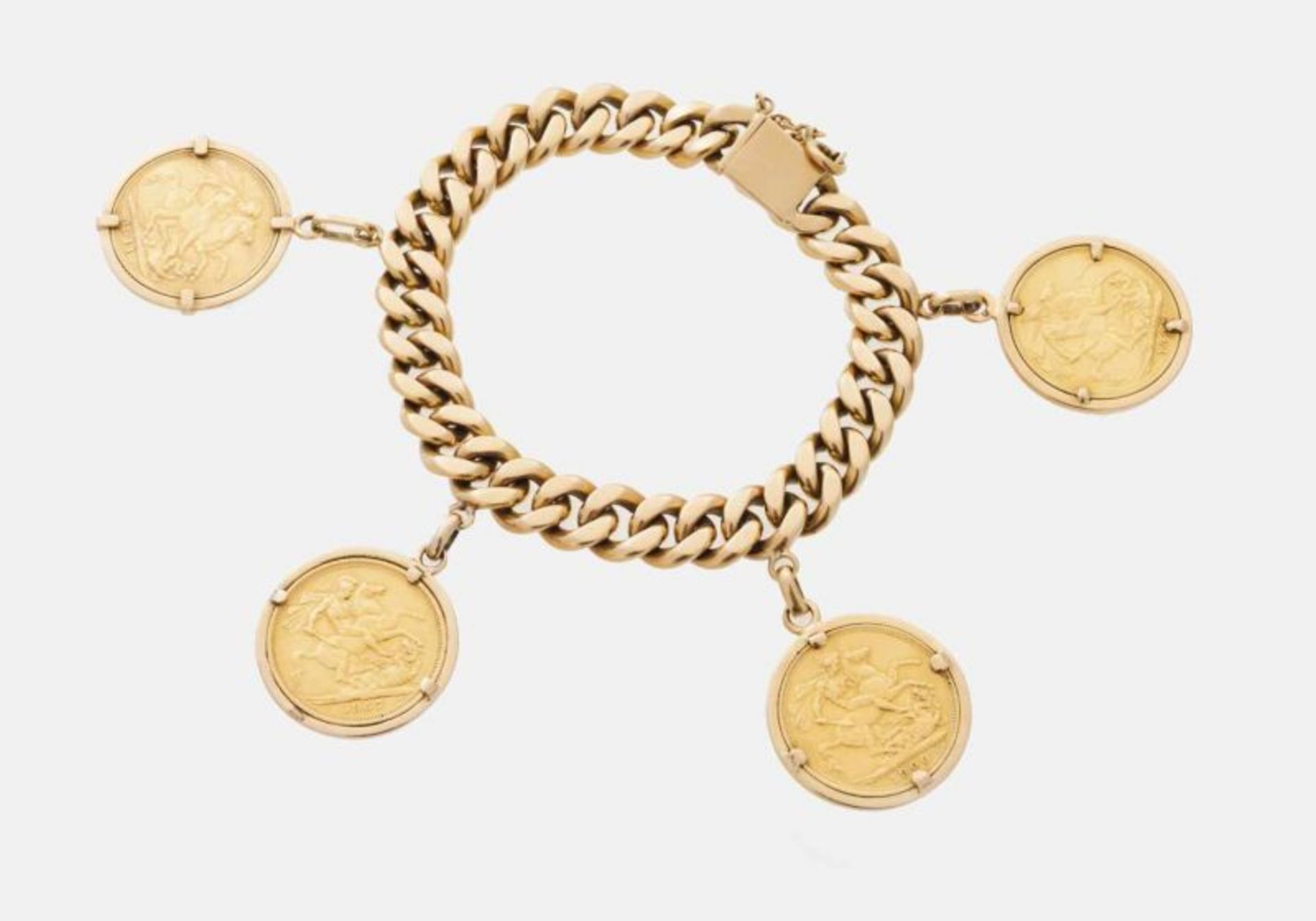 A charm bracelet Gold Curb links with four pendants with gold sovereigns, 1911, 1957, 1900 and