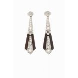 A pair of Art Deco style earrings Set in platinum with black resin plaques and 64 brilliant cut