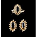A demi-parure Set in gold with three marquise cut sapphires and 63 single cut diamonds Comprising: a