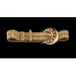 A bracelet Gold Designed as a belt with buckle and articulated fringe Buckle set with small single