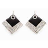 A pair of Art Deco style earrings Set in white gold with onyx plaques and 194 brilliant cut diamonds