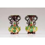 A pair of small vases Portuguese faience, Caldas da Rainha Relief decoration representing leaves,