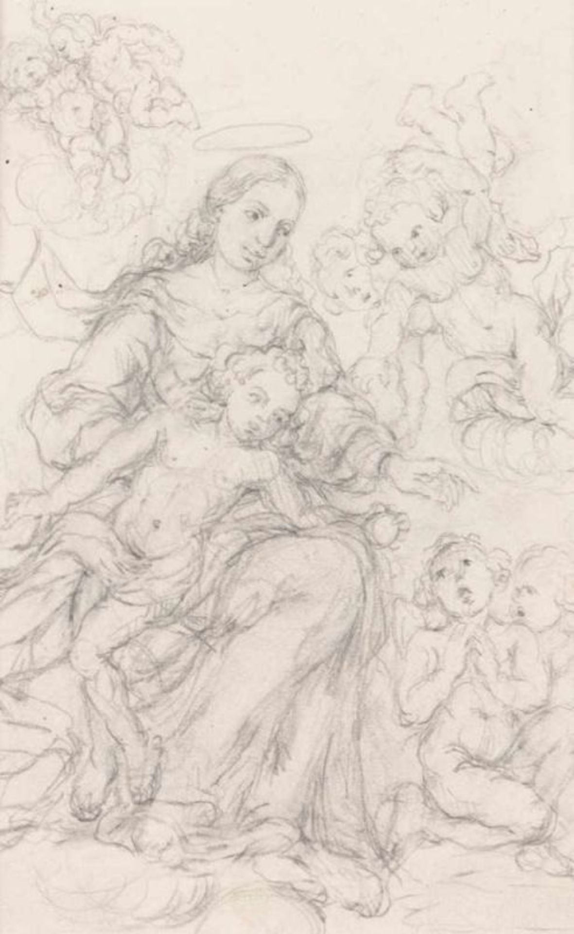 French School of the 18th century Our Lady with Child surrounded by angels Charcoal on paper 20,5x13