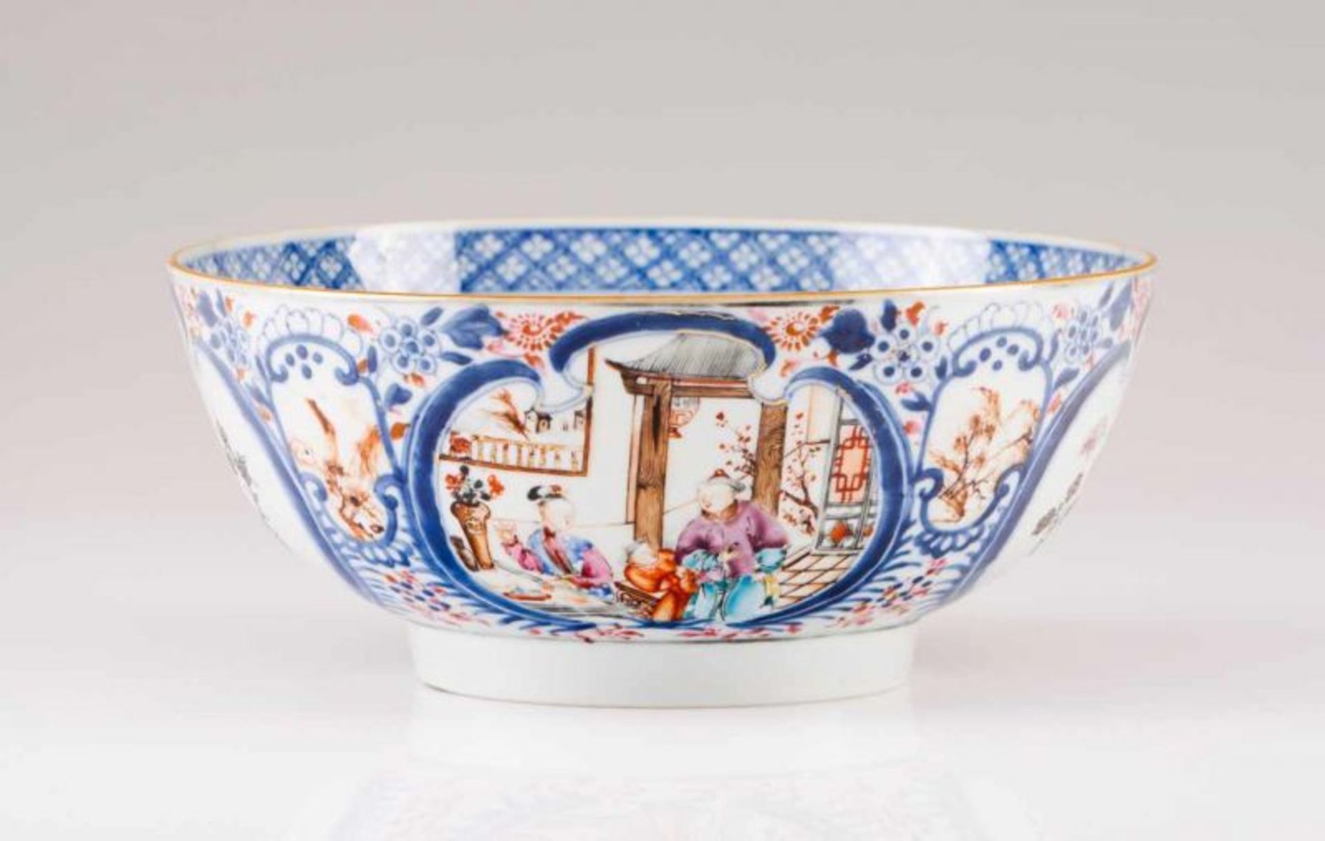 A punch bowl Chinese export porcelain Blue underglaze decoration, sepia and Famille Rose