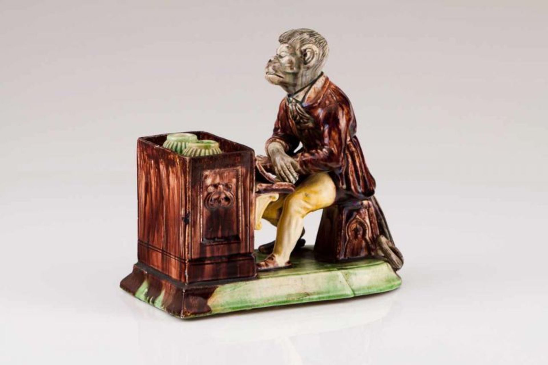 Monkey playing the piano Portuguese faience Caldas da Rainha, Manuel Cipriano Gomes Mafra Marked (