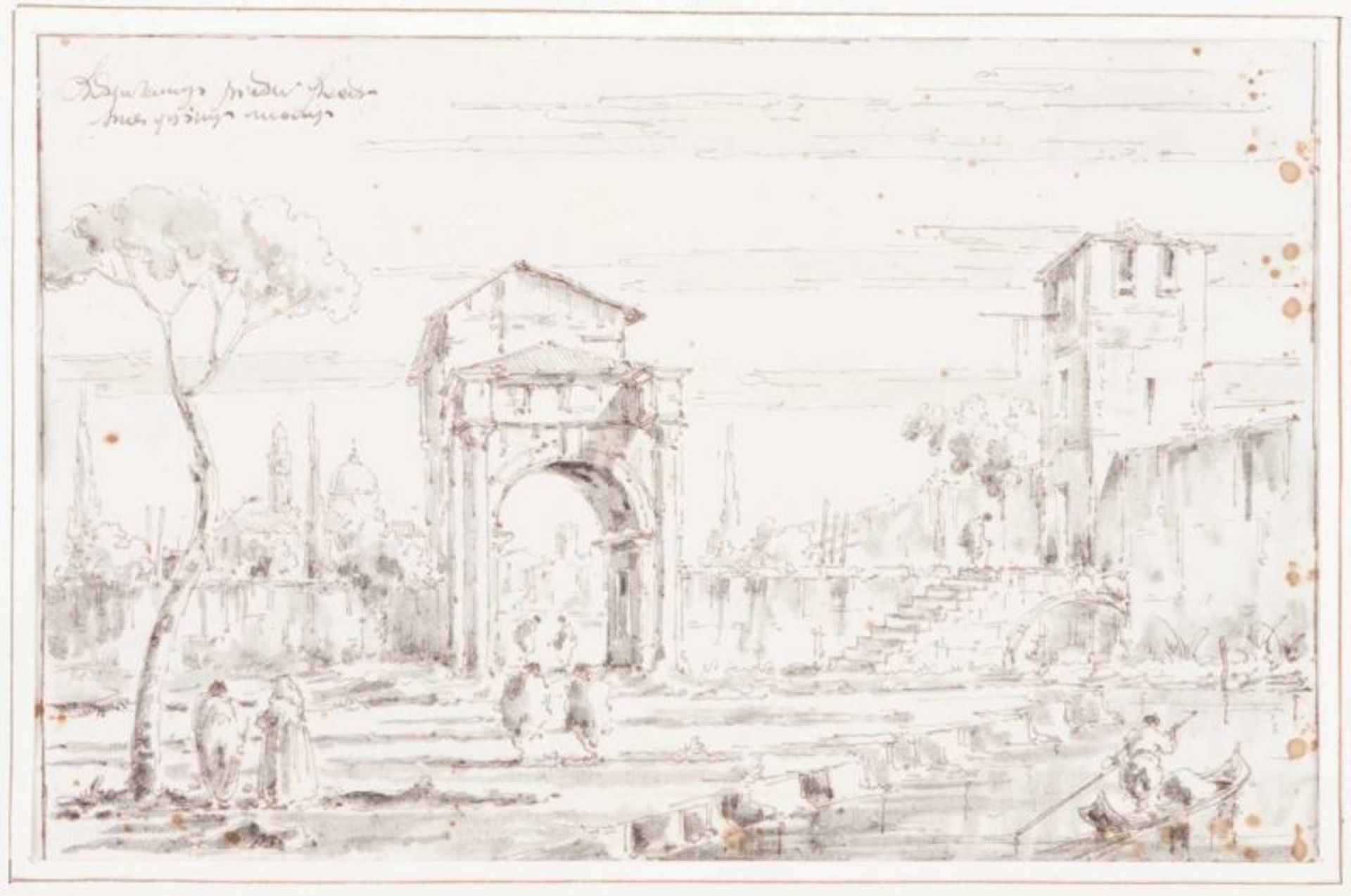 Italian school of the 19th century View of city with figures Ink drawing and watery 18x27 cm