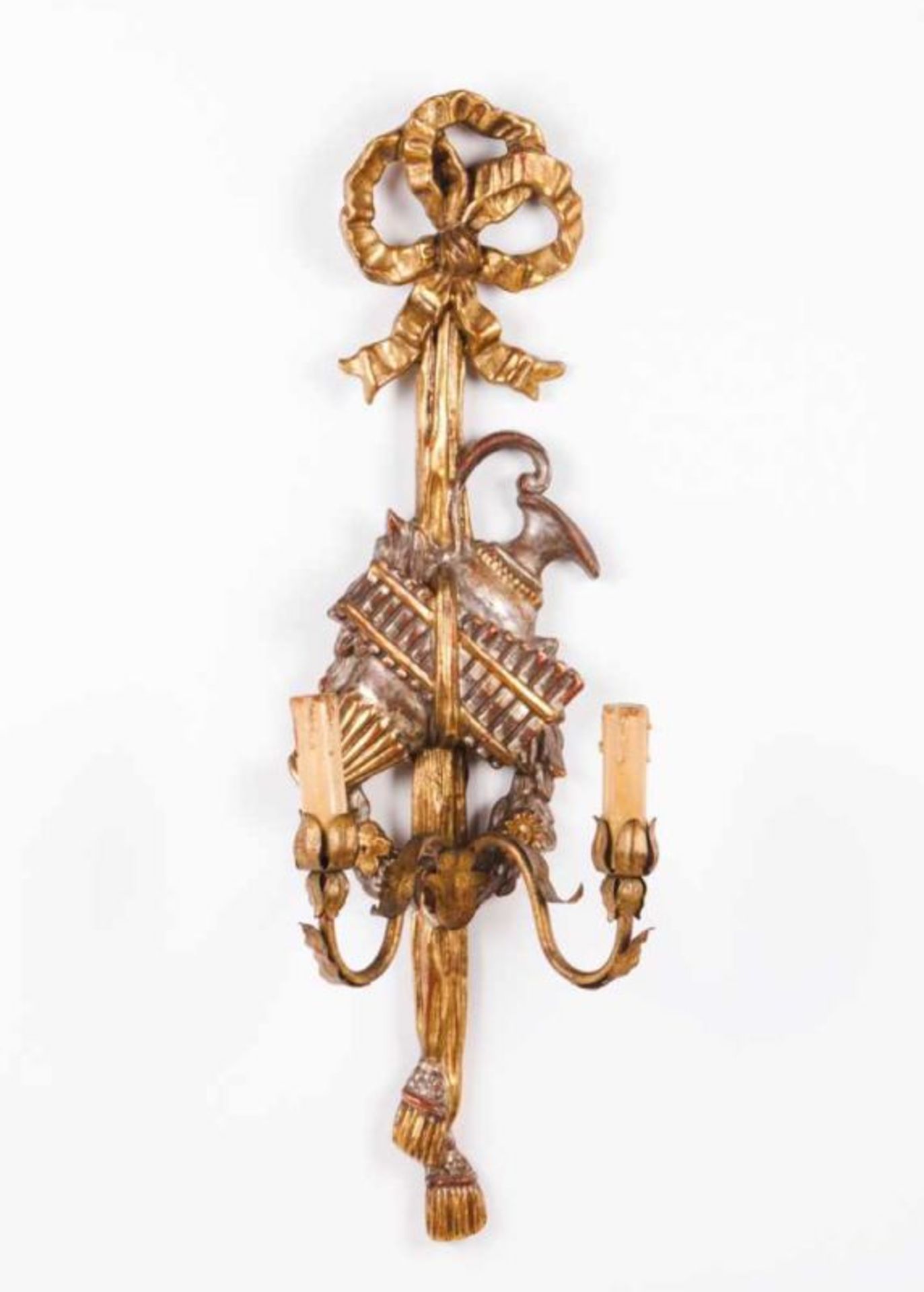 A pair of wall llights Painted and gilt wood Two-light each Italy, 20th century Height: 71 cm