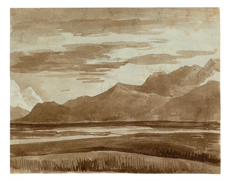 Franz Kobell (Mannheim 1749 – 1822 München) Landschaft bei Kochel am See. Pinsel in Sepia auf
