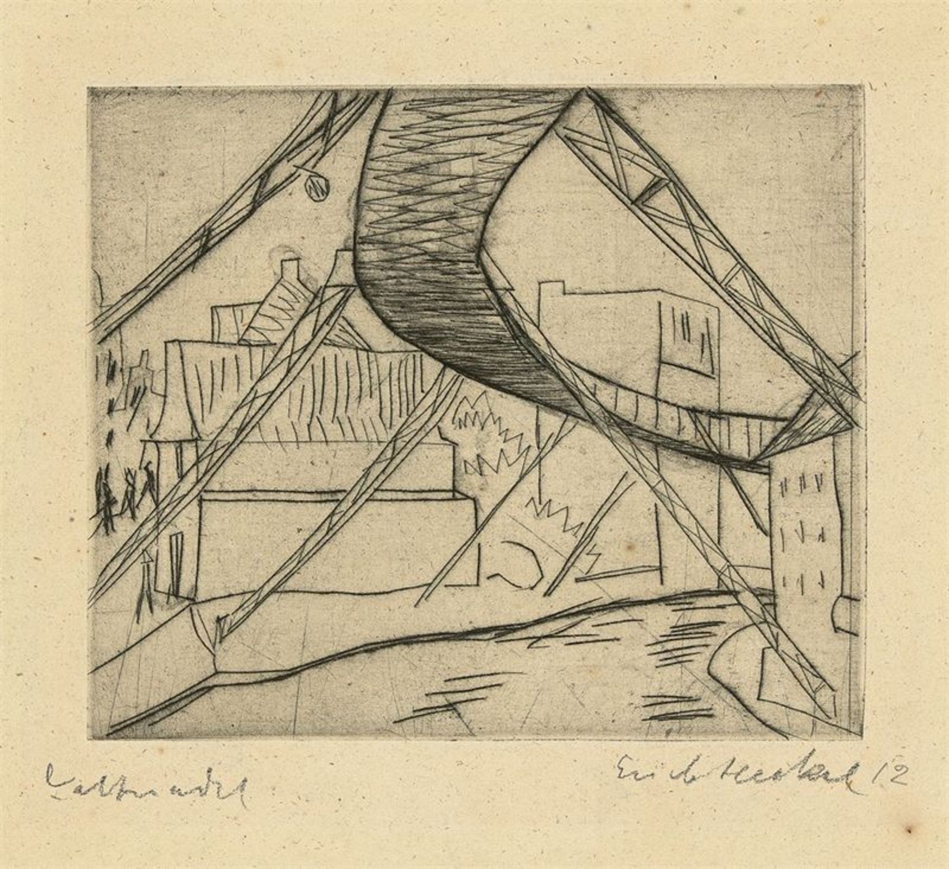 Erich Heckel (Döbeln 1883 – 1970 Radolfzell am Bodensee) „Elberfelder Schwebebahn“. 1912 Kaltnadel